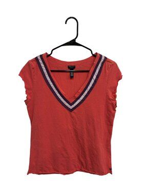 American Eagle Large Red V-Neck Stretch Top Striped Trim Minimalist Collegiate